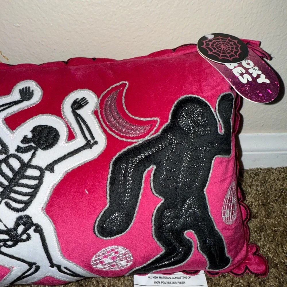 Disco‎ Dancing Skeletons Embroidered Velvet Decorative Scallop Edge Pillow NWT